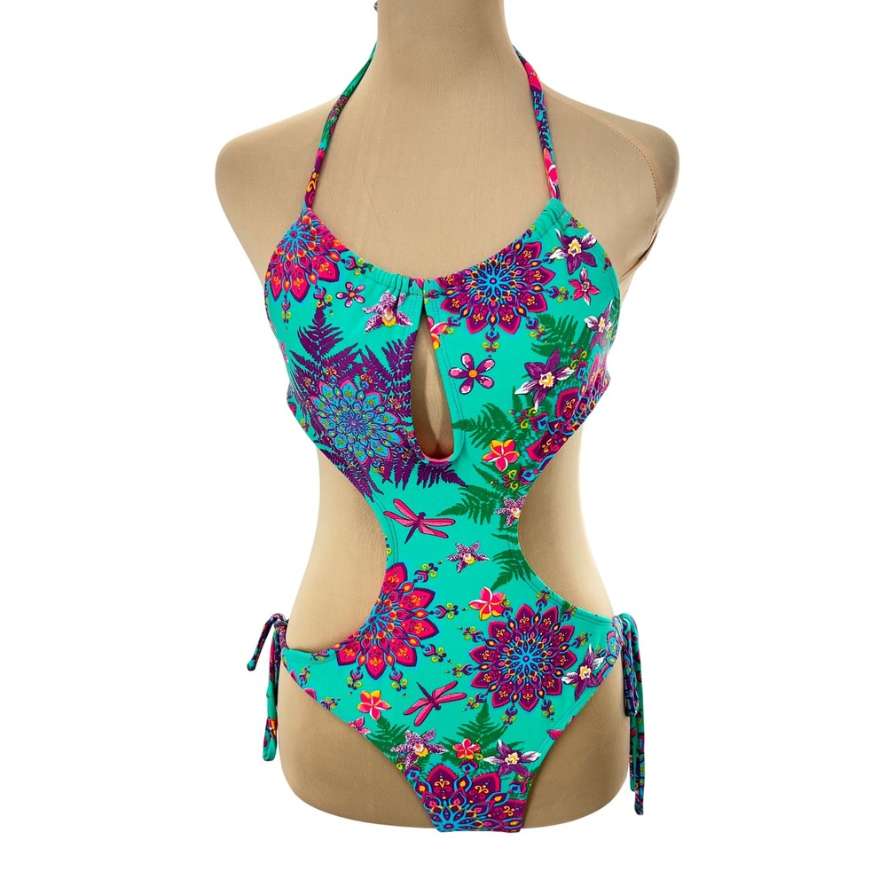Brazilian Biquini Vibrant‎  Floral Dragonfly Cutout Monokini Side Tie Swimsuit